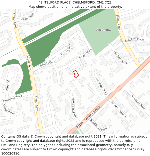 42, TELFORD PLACE, CHELMSFORD, CM1 7QZ: Location map and indicative extent of plot