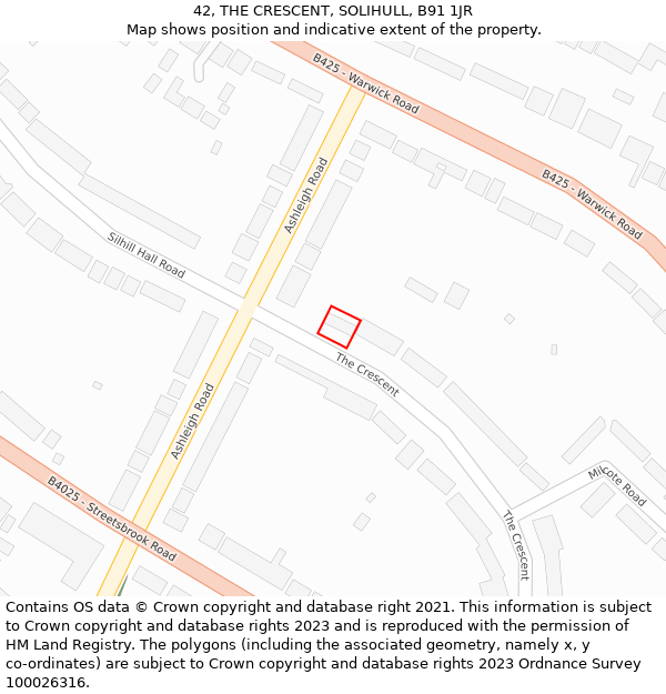 42, THE CRESCENT, SOLIHULL, B91 1JR: Location map and indicative extent of plot