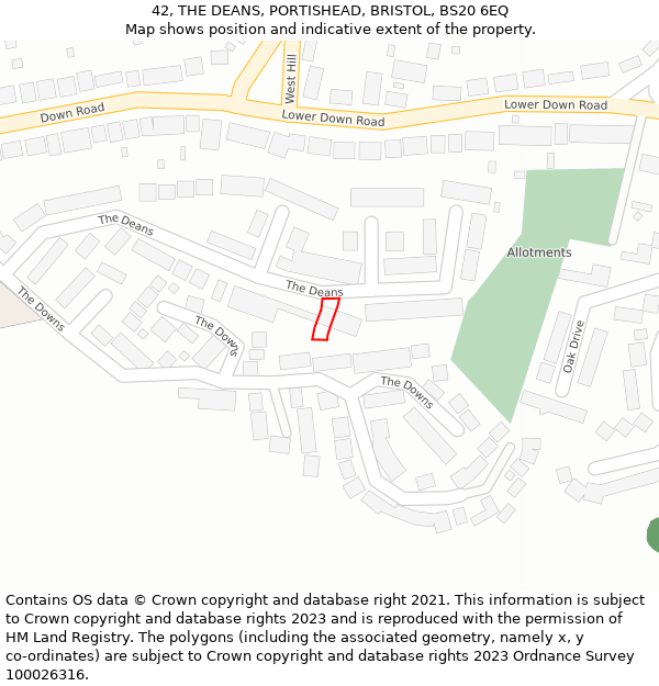 42, THE DEANS, PORTISHEAD, BRISTOL, BS20 6EQ: Location map and indicative extent of plot