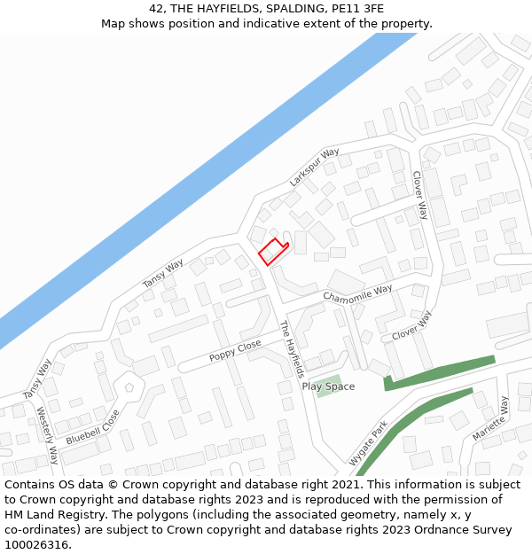 42, THE HAYFIELDS, SPALDING, PE11 3FE: Location map and indicative extent of plot