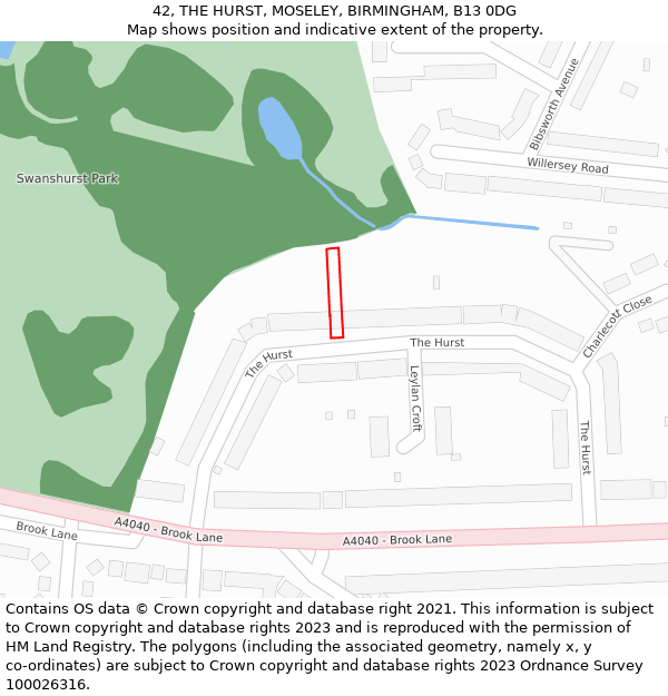 42, THE HURST, MOSELEY, BIRMINGHAM, B13 0DG: Location map and indicative extent of plot