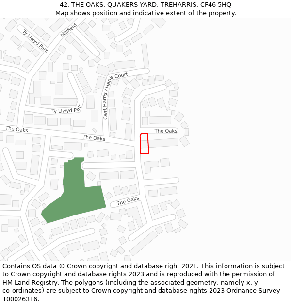 42, THE OAKS, QUAKERS YARD, TREHARRIS, CF46 5HQ: Location map and indicative extent of plot