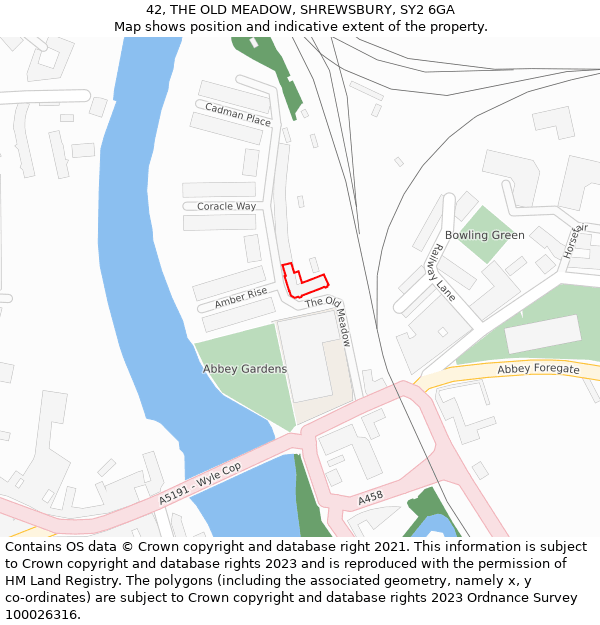 42, THE OLD MEADOW, SHREWSBURY, SY2 6GA: Location map and indicative extent of plot