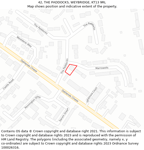 42, THE PADDOCKS, WEYBRIDGE, KT13 9RL: Location map and indicative extent of plot