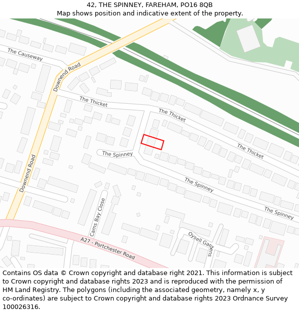 42, THE SPINNEY, FAREHAM, PO16 8QB: Location map and indicative extent of plot