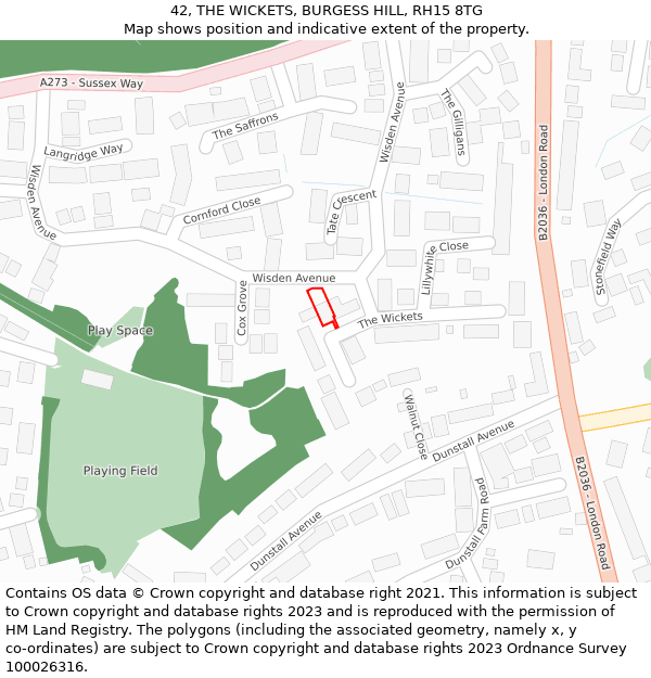 42, THE WICKETS, BURGESS HILL, RH15 8TG: Location map and indicative extent of plot