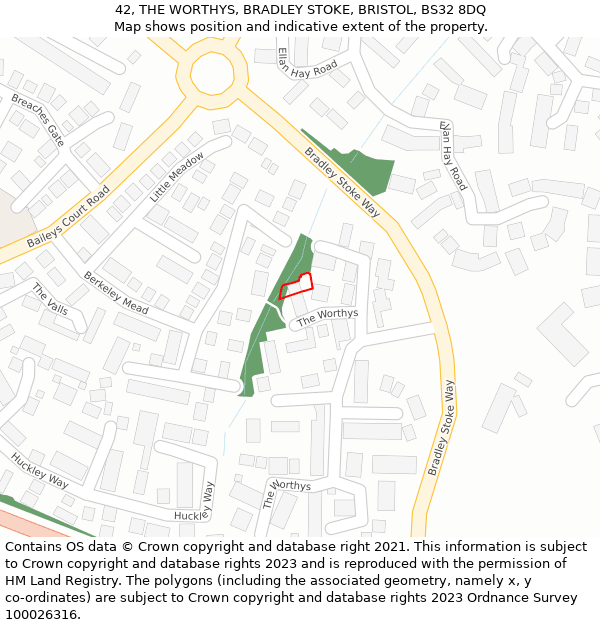 42, THE WORTHYS, BRADLEY STOKE, BRISTOL, BS32 8DQ: Location map and indicative extent of plot