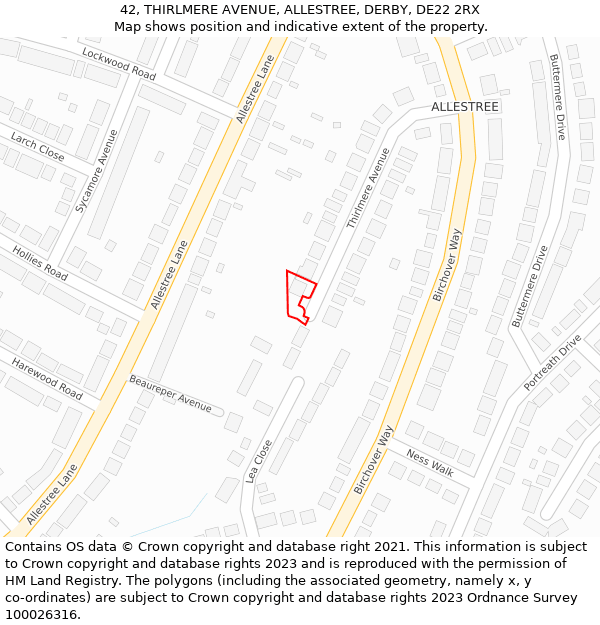 42, THIRLMERE AVENUE, ALLESTREE, DERBY, DE22 2RX: Location map and indicative extent of plot