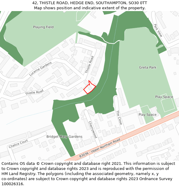 42, THISTLE ROAD, HEDGE END, SOUTHAMPTON, SO30 0TT: Location map and indicative extent of plot