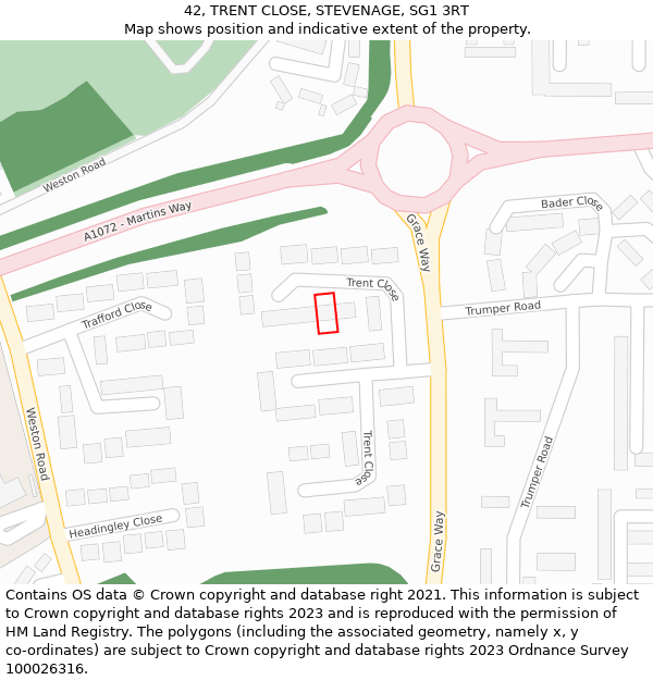 42, TRENT CLOSE, STEVENAGE, SG1 3RT: Location map and indicative extent of plot