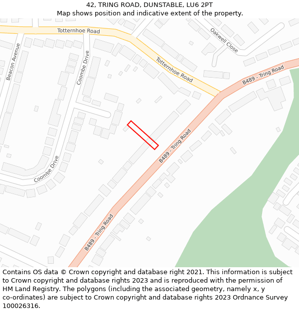 42, TRING ROAD, DUNSTABLE, LU6 2PT: Location map and indicative extent of plot