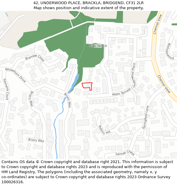 42, UNDERWOOD PLACE, BRACKLA, BRIDGEND, CF31 2LR: Location map and indicative extent of plot