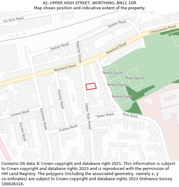42, UPPER HIGH STREET, WORTHING, BN11 1DR: Location map and indicative extent of plot
