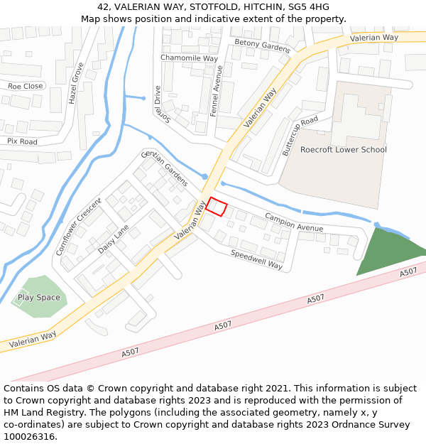 42, VALERIAN WAY, STOTFOLD, HITCHIN, SG5 4HG: Location map and indicative extent of plot