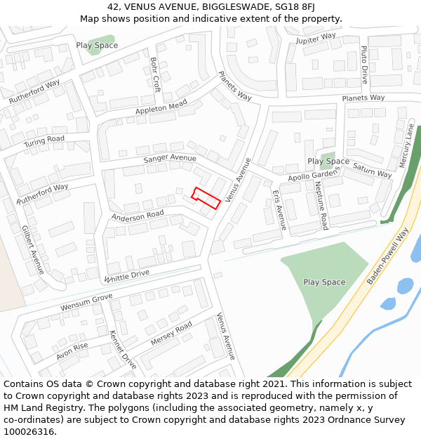 42, VENUS AVENUE, BIGGLESWADE, SG18 8FJ: Location map and indicative extent of plot