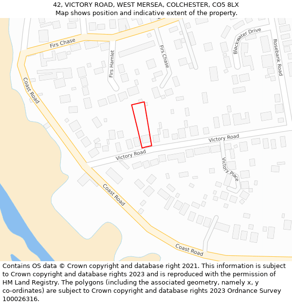 42, VICTORY ROAD, WEST MERSEA, COLCHESTER, CO5 8LX: Location map and indicative extent of plot