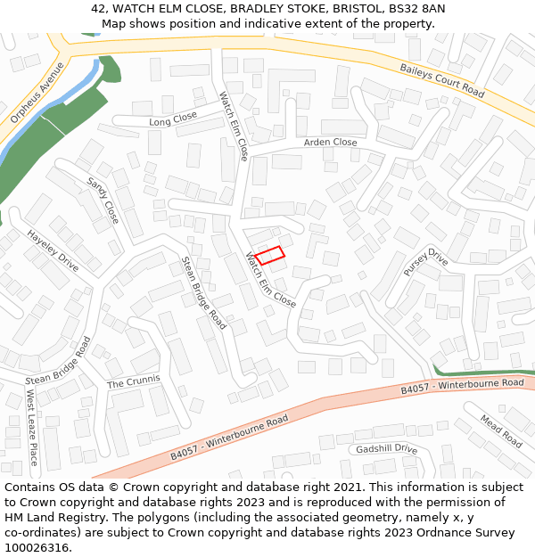 42, WATCH ELM CLOSE, BRADLEY STOKE, BRISTOL, BS32 8AN: Location map and indicative extent of plot