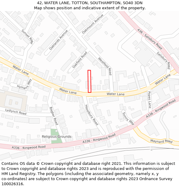 42, WATER LANE, TOTTON, SOUTHAMPTON, SO40 3DN: Location map and indicative extent of plot