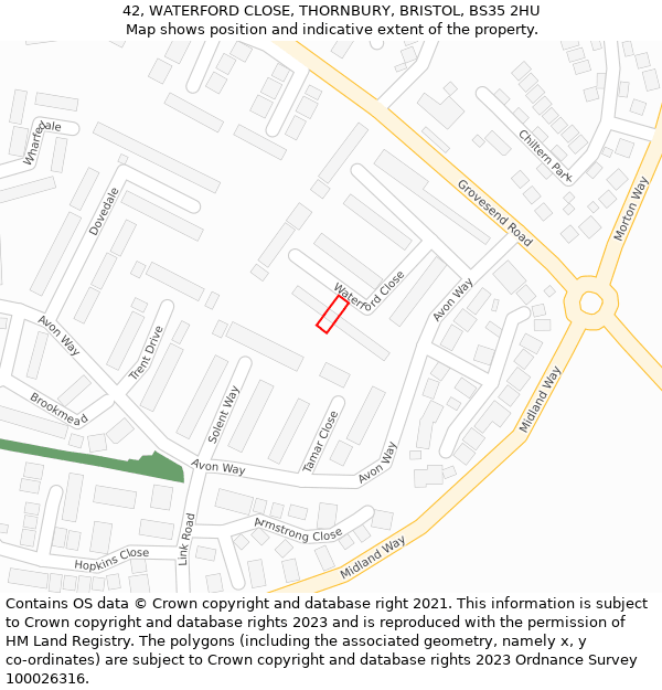 42, WATERFORD CLOSE, THORNBURY, BRISTOL, BS35 2HU: Location map and indicative extent of plot