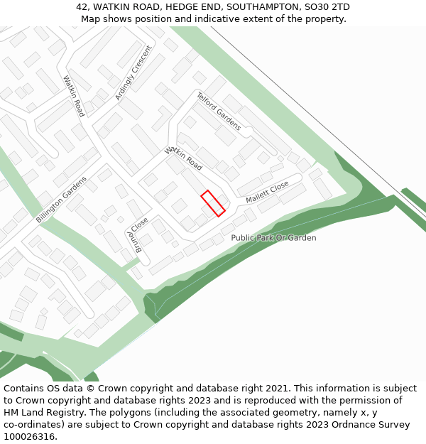 42, WATKIN ROAD, HEDGE END, SOUTHAMPTON, SO30 2TD: Location map and indicative extent of plot