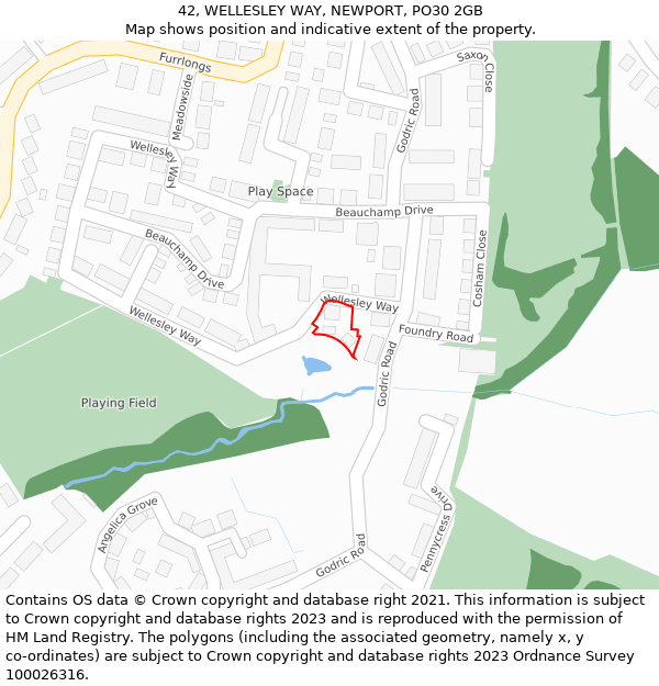 42, WELLESLEY WAY, NEWPORT, PO30 2GB: Location map and indicative extent of plot