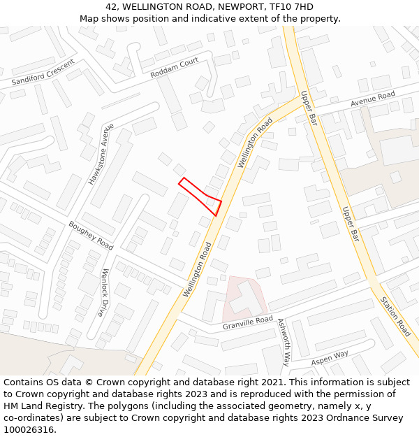 42, WELLINGTON ROAD, NEWPORT, TF10 7HD: Location map and indicative extent of plot
