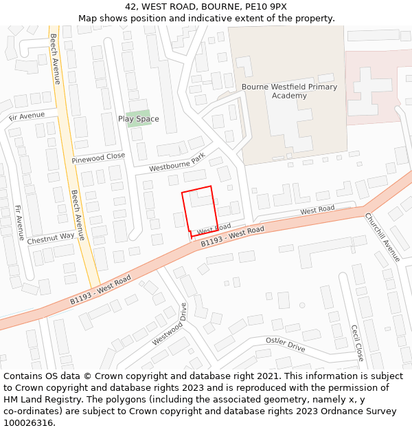 42, WEST ROAD, BOURNE, PE10 9PX: Location map and indicative extent of plot