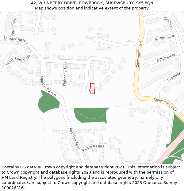 42, WHINBERRY DRIVE, BOWBROOK, SHREWSBURY, SY5 8QN: Location map and indicative extent of plot