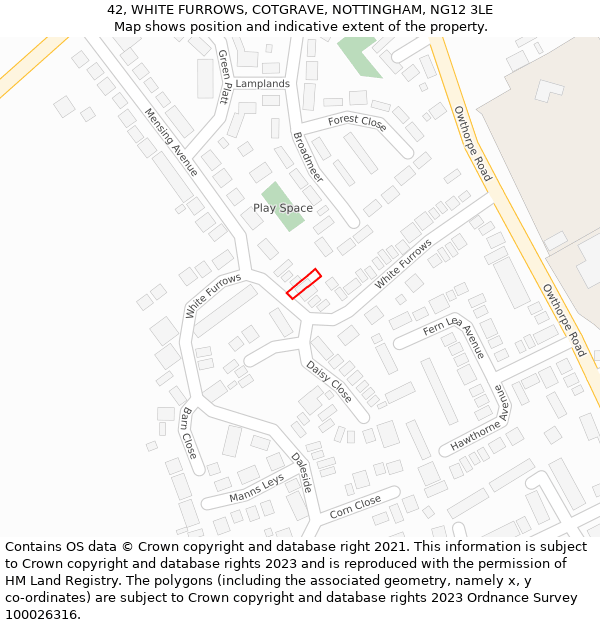 42, WHITE FURROWS, COTGRAVE, NOTTINGHAM, NG12 3LE: Location map and indicative extent of plot