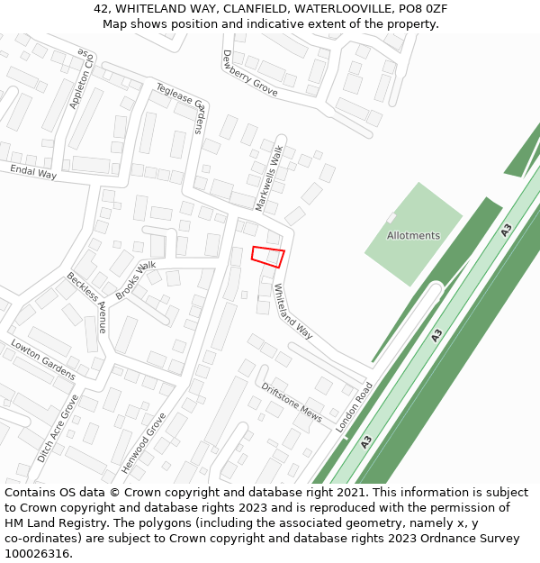 42, WHITELAND WAY, CLANFIELD, WATERLOOVILLE, PO8 0ZF: Location map and indicative extent of plot