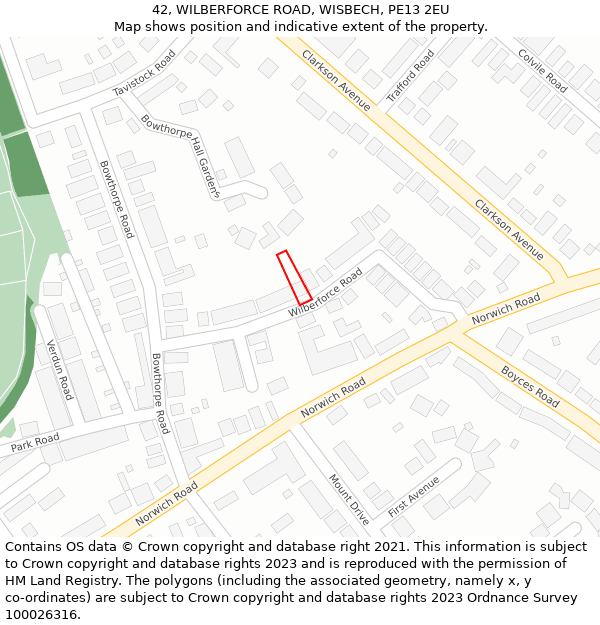 42, WILBERFORCE ROAD, WISBECH, PE13 2EU: Location map and indicative extent of plot