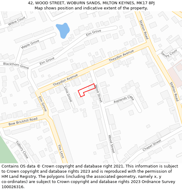 42, WOOD STREET, WOBURN SANDS, MILTON KEYNES, MK17 8PJ: Location map and indicative extent of plot