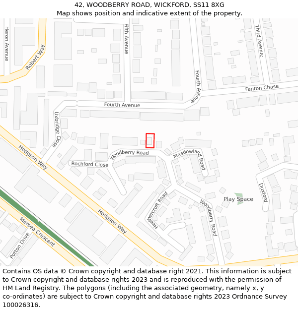 42, WOODBERRY ROAD, WICKFORD, SS11 8XG: Location map and indicative extent of plot