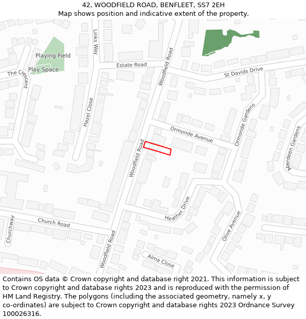 42, WOODFIELD ROAD, BENFLEET, SS7 2EH: Location map and indicative extent of plot