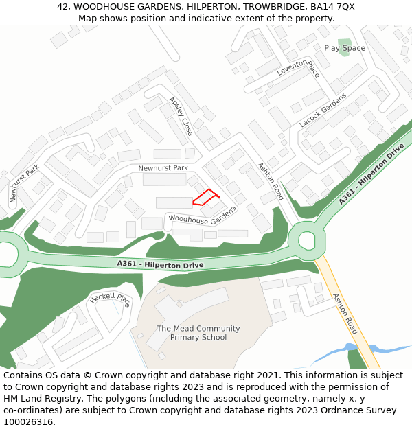 42, WOODHOUSE GARDENS, HILPERTON, TROWBRIDGE, BA14 7QX: Location map and indicative extent of plot