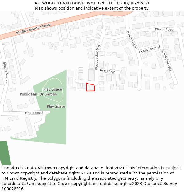 42, WOODPECKER DRIVE, WATTON, THETFORD, IP25 6TW: Location map and indicative extent of plot