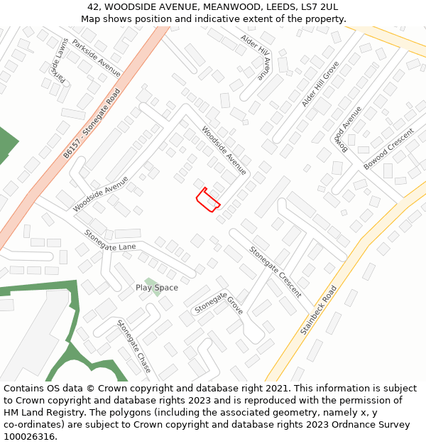 42, WOODSIDE AVENUE, MEANWOOD, LEEDS, LS7 2UL: Location map and indicative extent of plot