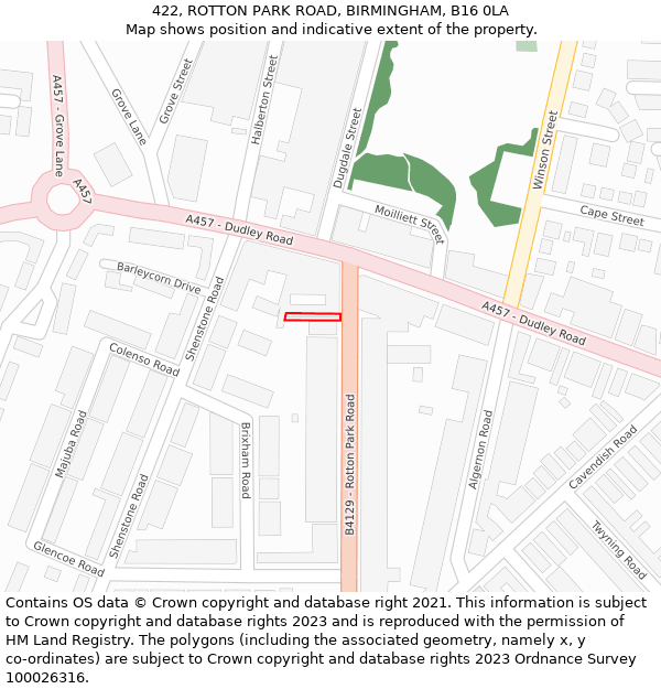 422, ROTTON PARK ROAD, BIRMINGHAM, B16 0LA: Location map and indicative extent of plot