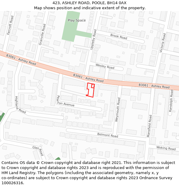 423, ASHLEY ROAD, POOLE, BH14 0AX: Location map and indicative extent of plot