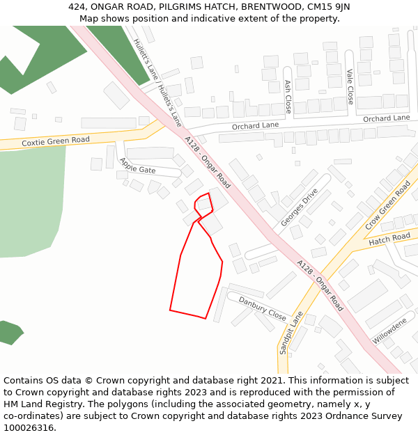424, ONGAR ROAD, PILGRIMS HATCH, BRENTWOOD, CM15 9JN: Location map and indicative extent of plot