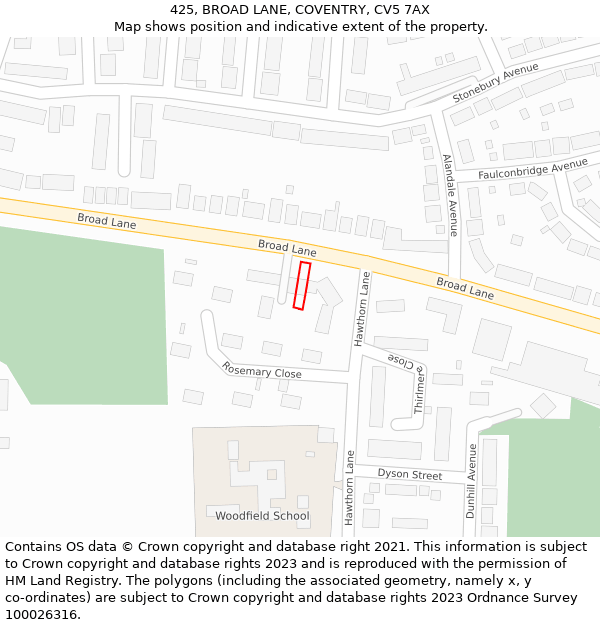 425, BROAD LANE, COVENTRY, CV5 7AX: Location map and indicative extent of plot