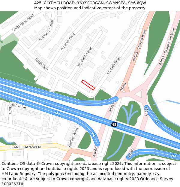425, CLYDACH ROAD, YNYSFORGAN, SWANSEA, SA6 6QW: Location map and indicative extent of plot