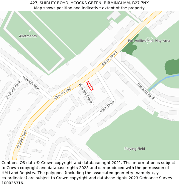 427, SHIRLEY ROAD, ACOCKS GREEN, BIRMINGHAM, B27 7NX: Location map and indicative extent of plot