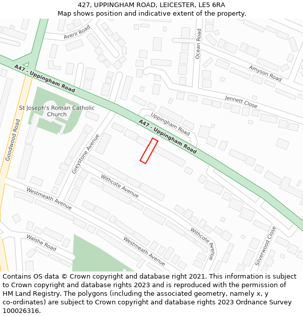 427, UPPINGHAM ROAD, LEICESTER, LE5 6RA: Location map and indicative extent of plot