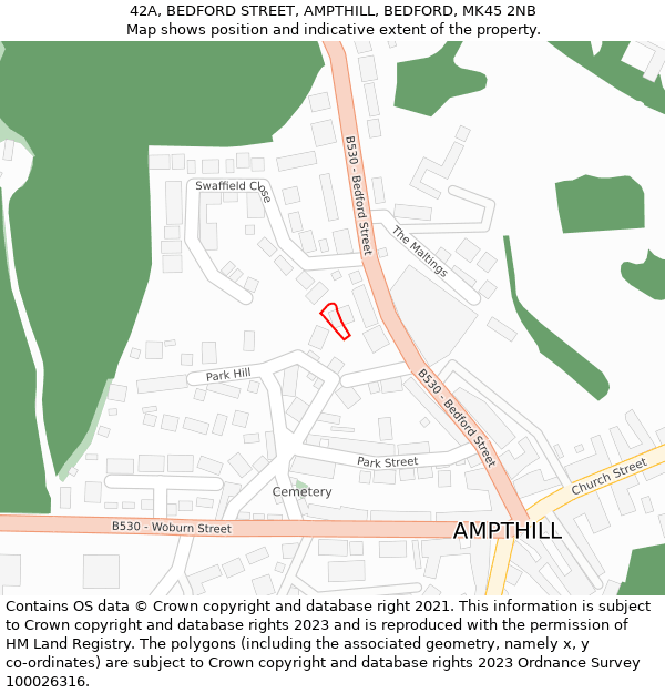 42A, BEDFORD STREET, AMPTHILL, BEDFORD, MK45 2NB: Location map and indicative extent of plot