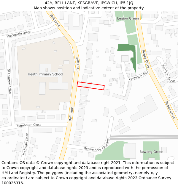 42A, BELL LANE, KESGRAVE, IPSWICH, IP5 1JQ: Location map and indicative extent of plot