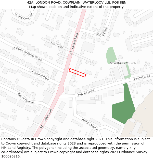 42A, LONDON ROAD, COWPLAIN, WATERLOOVILLE, PO8 8EN: Location map and indicative extent of plot