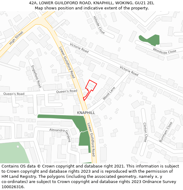 42A, LOWER GUILDFORD ROAD, KNAPHILL, WOKING, GU21 2EL: Location map and indicative extent of plot