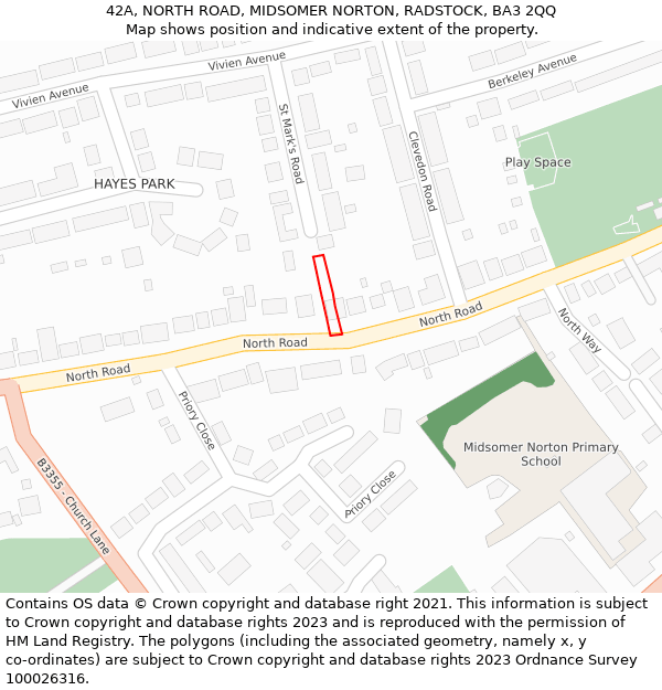 42A, NORTH ROAD, MIDSOMER NORTON, RADSTOCK, BA3 2QQ: Location map and indicative extent of plot