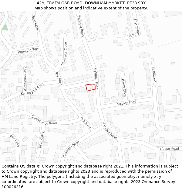42A, TRAFALGAR ROAD, DOWNHAM MARKET, PE38 9RY: Location map and indicative extent of plot